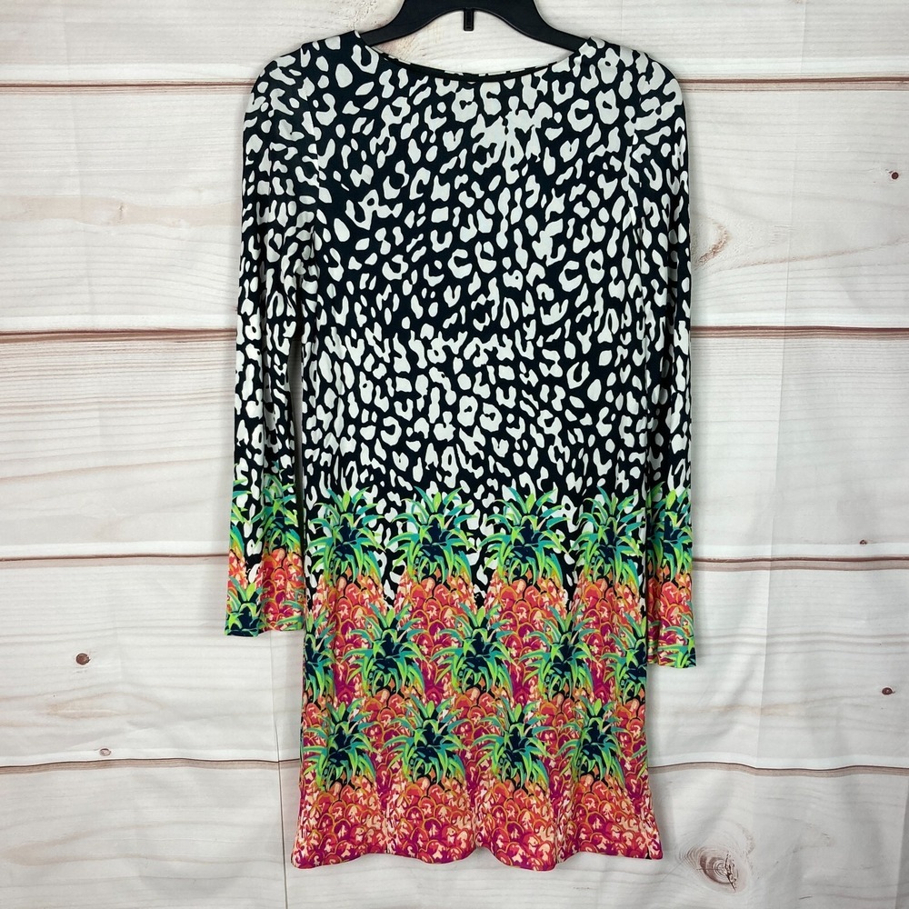 Nicole Miller Atelier Dress Womens P Cheetah Pineapple Print Shift Long Sleeve
